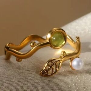 Simple elegance S925 Silver Bohemian Imitation Pearl Leaf Open Ring
